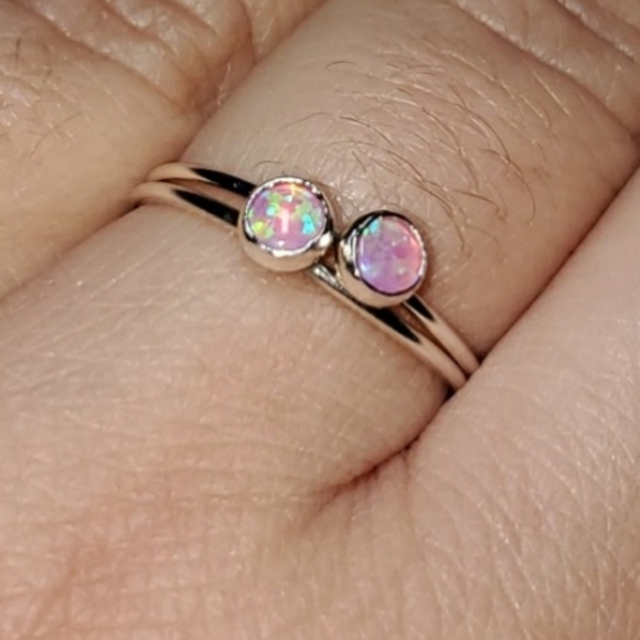 Moodtherapy Jewelry - Handcrafted Sterling Silver & Pink Fire Opal Rings-set of 2, sz 6